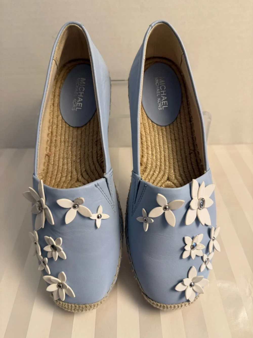Michael Kors Lola Espadrilles Blue Leather Floral Slip On Size 36 NWOT